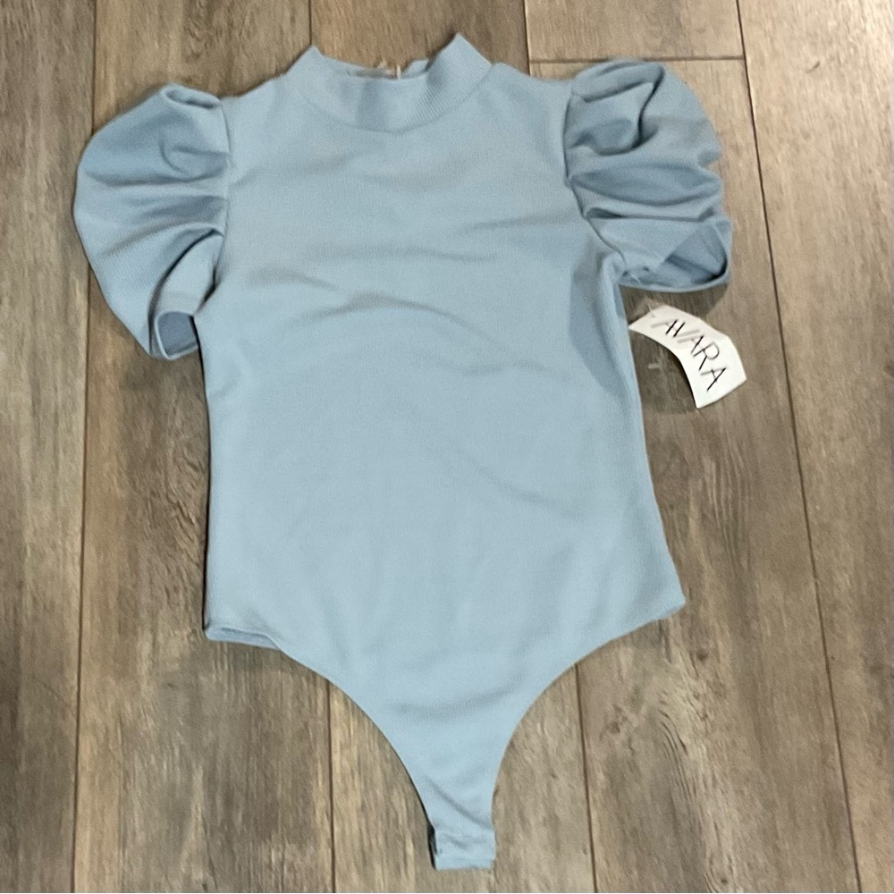Blue Puff Sleeve Bodysuit, Size Large